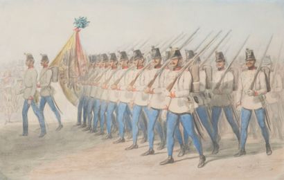 Auguste RAFFET (1804-1860) 
«Soldats autrichiens au défilé. Vers 1830»
Dessin au...