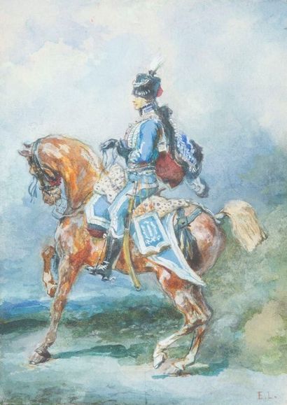 Eugène LAMI (1800-1890) 
«Hussard du 1er régiment. Vers 1800»
Dessin à la plume et...