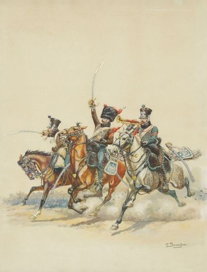 Pierre BENIGNI (1878-1956) 
«Charge du 2e hussards, tenue de campagne, 1809»
Aquarelle...