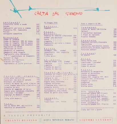 DIVERS 
Menus pour le restaurant « La Colomba » à Venise. 1960. Illustrés de reproductions...