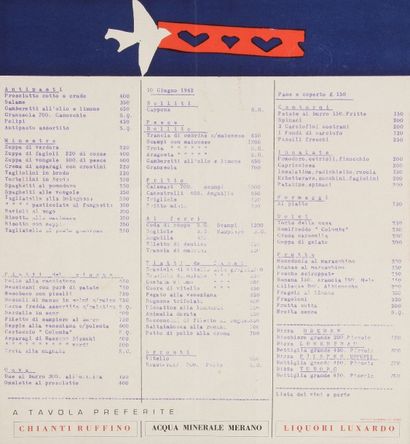DIVERS 
Menus pour le restaurant « La Colomba » à Venise. 1960. Illustrés de reproductions...