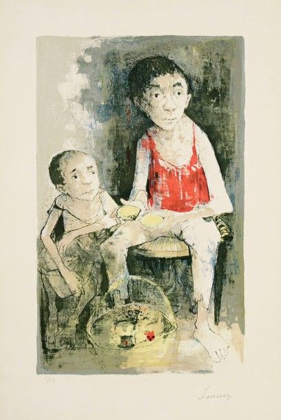 JEAN JANSEM (1920-2013) 
Les Petits vendeurs de citrons. 1958. Lithographie. 265...