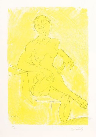 André LHOTE (1885-1962) 
Nu assis, fond jaune. Vers 1960. Lithographie. 270 x 400....