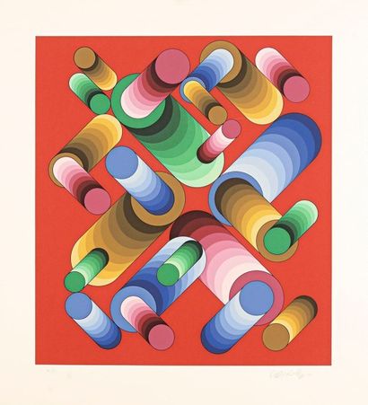 Victor VASARELY (1908-1997) 
Oslop (cylindres sur fond rouge). 1989. Sérigraphie...