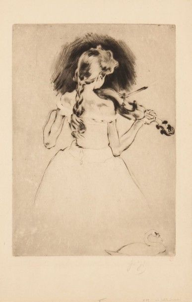 Louis LEGRAND (1863-1951) 
La Petite servatoire (violoniste)
Pointe sèche.
Signée...
