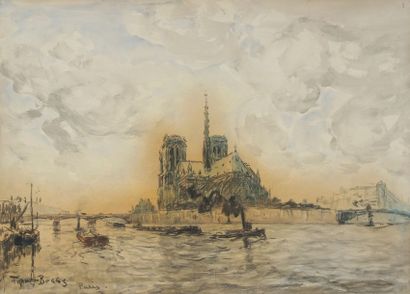 Frank-Myers Boggs (1855-1926) 
Paris, la Seine à Notre-Dame
Dessin au fusain et aquarelle.
Signé...
