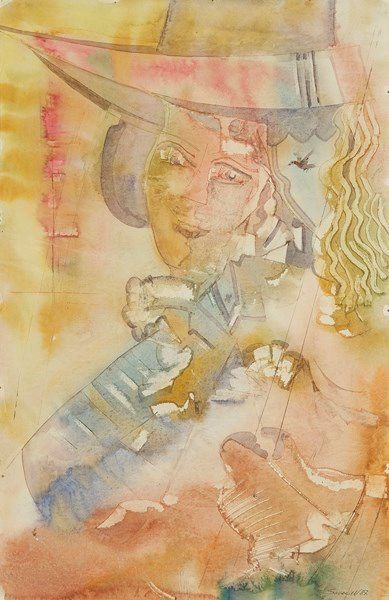 Slava SAVELIEV (né en 1944) 
Portrait de jeune femme au chapeau
Aquarelle.
Signée...