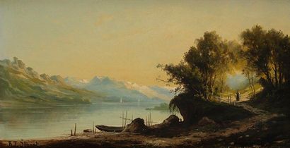 R. T. STUART (XIXe-XXe siècle) 
Bord d'un lac
Huile sur toile.
Signée en bas à gauche.
35...