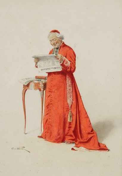 Alfred WEBER (1862-1922) 
Cardinal lisant le journal L?Écho du Paradis
Dessin à l?encre...