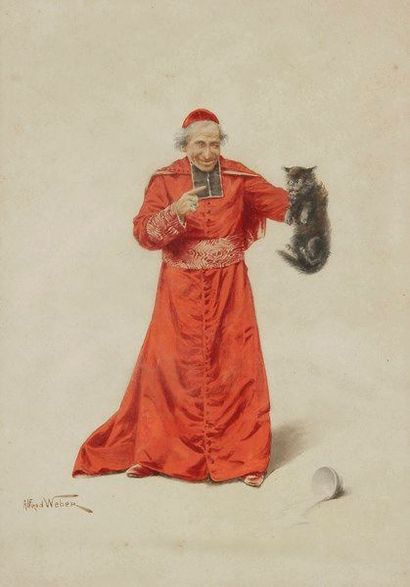 Alfred WEBER (1862-1922) 
Cardinal au chat
Dessin à l?encre et aquarelle.
Signé en...