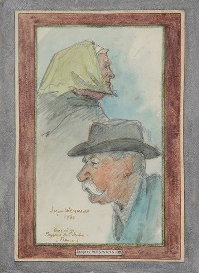 Jacques WEISMANN (1878-?) 
Croquis de paysans de l'Indre, 1932
Aquarelle sur traits...