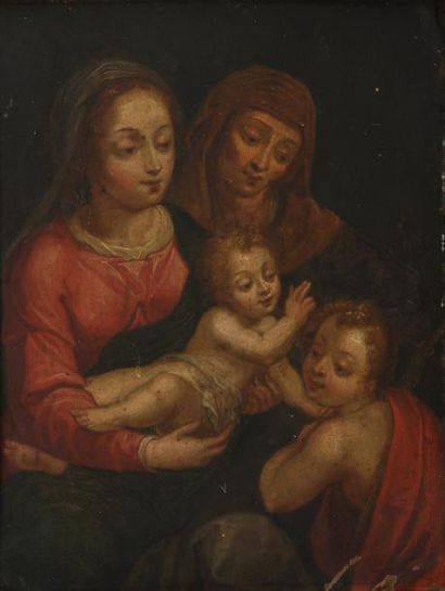 École FLAMANDE vers 1650 
Vierge à l'Enfant avec sainte Elisabeth et saint Jean-Baptiste
Cuivre.
30,5...