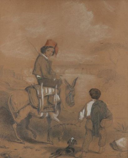 École Française du XIXe siècle 
Deux enfants cheminant avec un âne et un chien
Crayon...