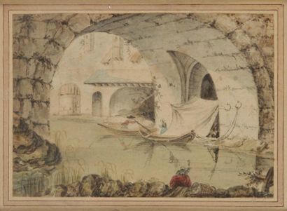École Française du XIXe siècle 
Pêcheurs sous un pont
Lavis gris et aquarelle.
12.4...