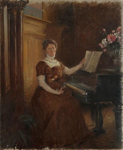 Ecole Française vers 1900 
Femme au piano
Sur sa toile d'origine.
73 x 59,5 cm
Sans...