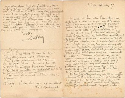 Léon BLOY (1846-1917) L.A.S., Paris 28 juin 1887, à Gustave Guiches; 4 pages in-8.
...