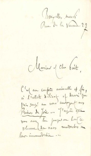 Théodore HANNON (1851-1916) poète belge 2 L.A.S., et mardi, à un poète [Théodore...