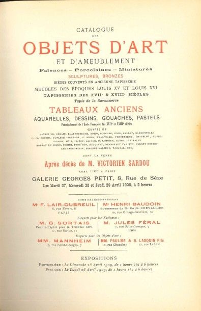 [Victorien SARDOU (1831-1908)] Catalogue des objets d'art et d'ameublement? tableaux...
