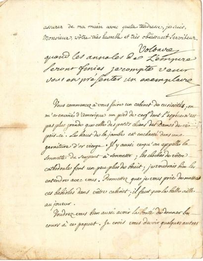 VOLTAIRE L.S. «Voltaire» avec 3 lignes autographes, [Colmar vers le 10 novembre 1753,...