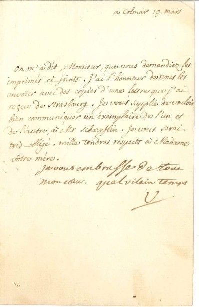 VOLTAIRE L.S. «V» avec 2 lignes autographes, Colmar 19 mars [1754, à François-Louis...