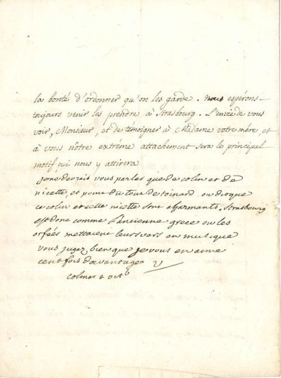 VOLTAIRE L.S. «V» avec 7 lignes autographes, Colmar 2 octobre [1754, à François-Louis...