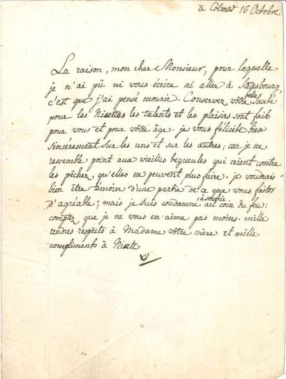 VOLTAIRE L.S. «V», Colmar 15 octobre [1754], à François-Louis Defresney, «Directeur...