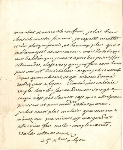 VOLTAIRE L.A.S. «V», Lyon 25 novembre [1754], à François-Louis Defresney, «directeur...