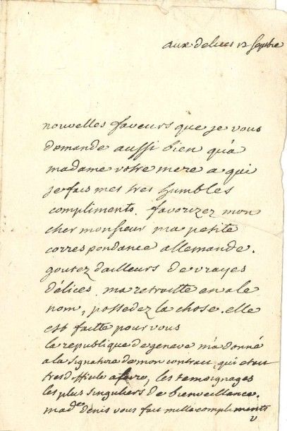 VOLTAIRE L.A.S. «V», aux Délices 12 septembre [1755, à François-Louis Defresney];...