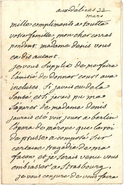 VOLTAIRE L.A.S. «V», aux Délices 22 mars [1756, à François-Louis Defresney]; 2 pages...