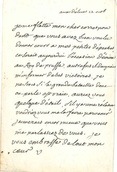 VOLTAIRE L.A.S. «V», aux Délices 12 octobre [1756, à François-Louis Defresney]; 1...