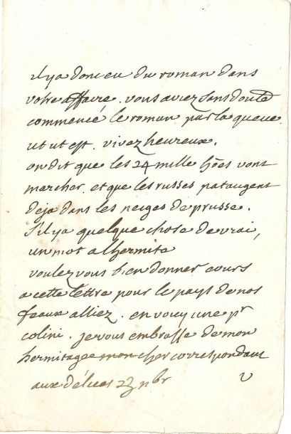 VOLTAIRE L.A.S. «V», aux Délices 23 novembre [1756, à François-Louis Defresney];...