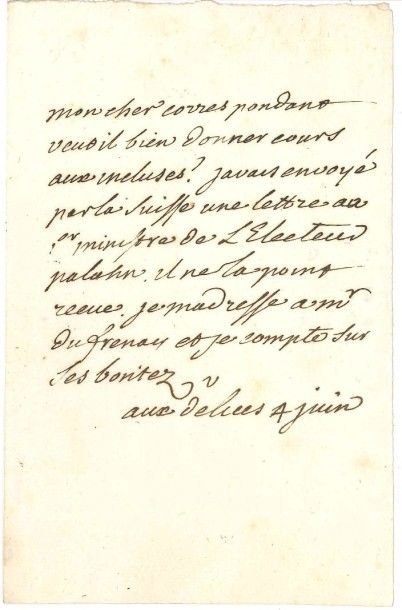 VOLTAIRE L.A.S. «V», aux Délices 4 juin [1757, à François-Louis Defresney]; 1 page...
