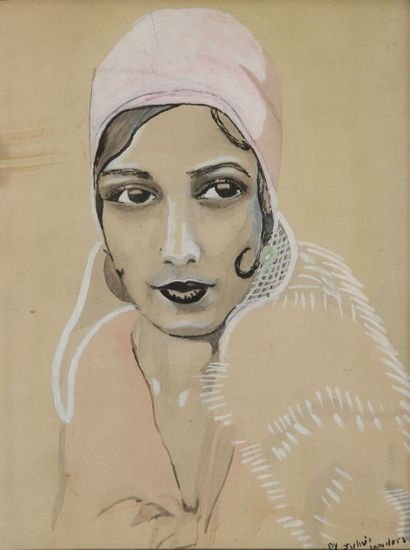 null [Joséphine BAKER] Julius SANDERS. Portrait de Joséphine Baker au bonnet rose;...