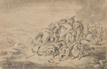 École HOLLANDAISE du XVIIIe siècle, 
Scène de bataille
Plume et encre grise, lavis...