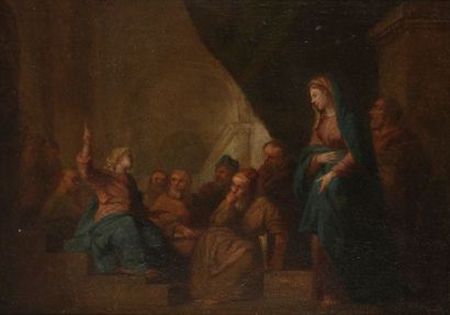 Attribué à Charles de LA FOSSE 
Jésus parmi les docteurs
Huile sur toile.
34,5 x...