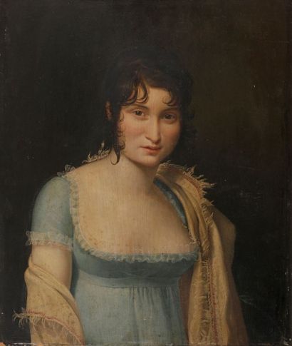 Attribué à Frédéric DUBOIS 
Portrait de jeune femme à la robe bleue
Panneau préparé...