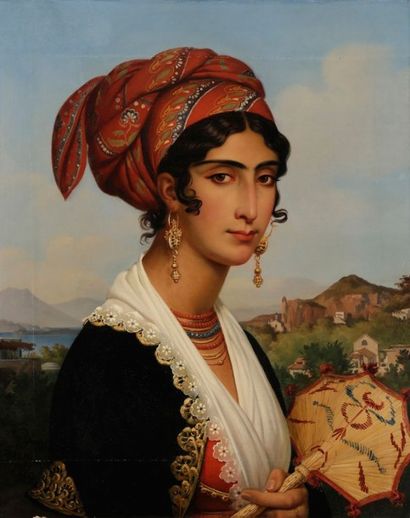 Elsidore NAIGEON (Paris 1797 - 1867) 
Jeune femme à l'éventail
Toile.
Signée, localisée...