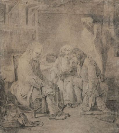 École FRANÇAISE du XVIIIe siècle, 
La Demande en mariage
Crayon noir.
41 x 31 cm
