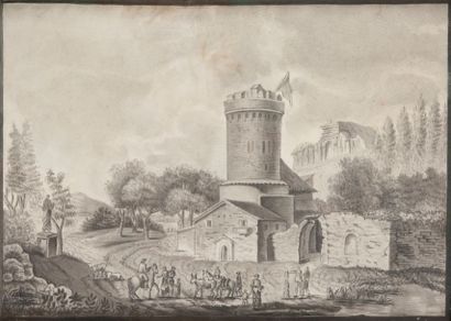 École FRANÇAISE du XVIIIe siècle Paysage à la tour et au temple antique
Plume et...