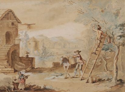 École FRANÇAISE du XVIIIe siècle La Cueillette des pommes
Plume et encre brune, lavis...