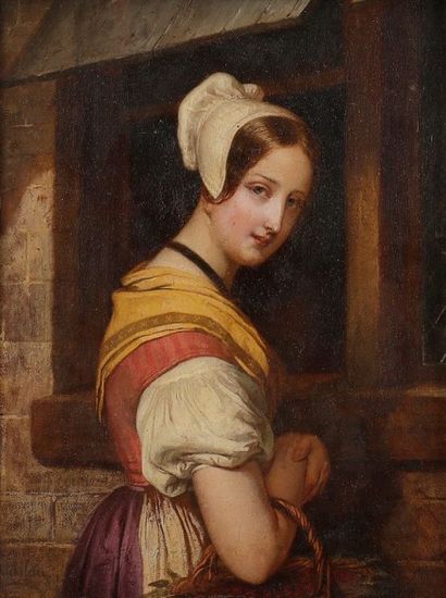 Julien VALLOU DE VILLENEUVE (1795 - 1866) 
Jeune fille au panier
Huile sur carton.
Signée...