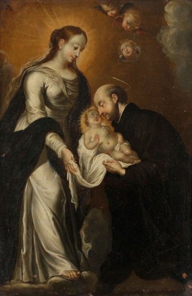 Attribué à Gerard SEGHERS 
Saint Ignace de Loyola, l'Enfant Jésus et la Vierge
Cuivre.
21,5...