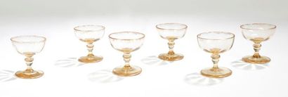 Émile GALLÉ (1846-1904) Suite de six verres à liqueur, de forme évasée sur piédouche,...
