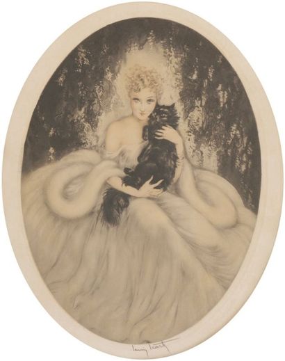 Louis ICART (1888-1950) Élégante au chat angora noir Vue ovale. Pointe sèche et aquatinte...