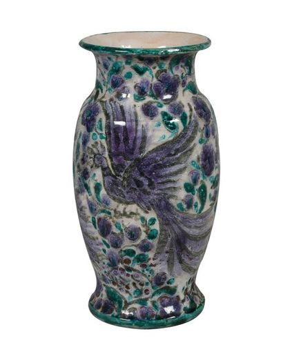 Armand CAZAUX (1895-1982) Vase balustre en céramique émaillée à décor de volatiles....