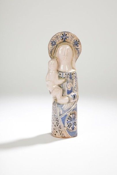 Jean DERVAL (1925-2010) Vierge à l'enfant - Épreuve en céramique émaillée polychrome....