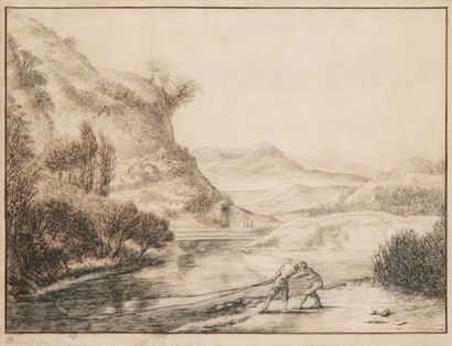 Jean-Jacques de BOISSIEU (1736-1810) 
Pêcheurs tirant un filet dans une rivière
Plume...