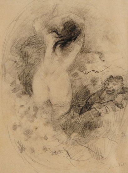 Antoine CALBET (1860-1944) 
Baigneuse et satyre
Dessin au crayon noir.
Signé en bas...