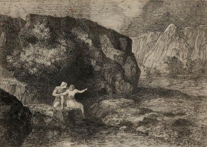 Odilon REDON (1840-1916) 
Deux personnages dans un paysage rocheux, vers 1865
Dessin...