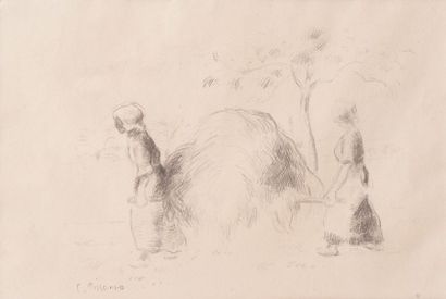 Camille PISSARRO (1830-1903) 
Deux femmes portant une meule de foin
Dessin à la mine...